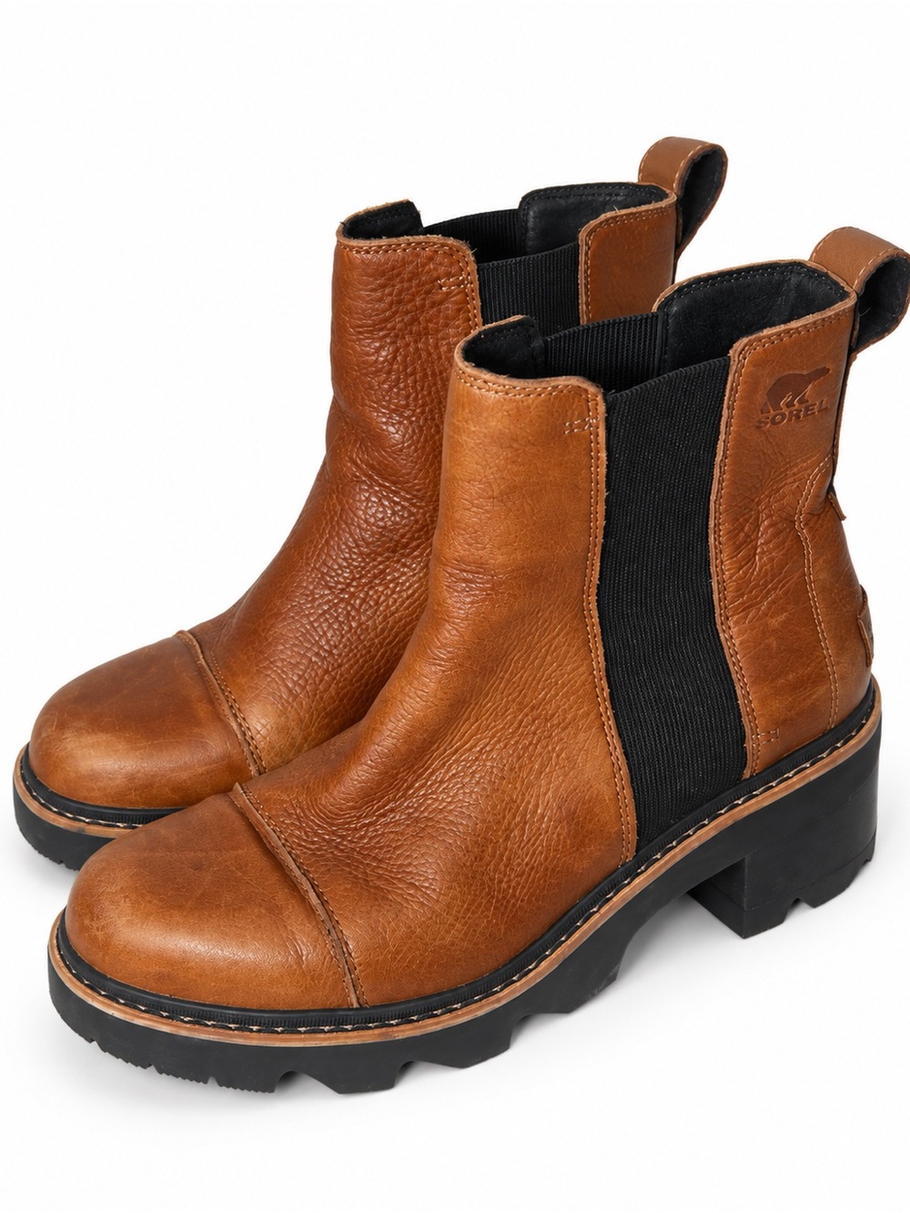 Sorel Cognac Leather Chelsea Booties with Black Elastic Panels